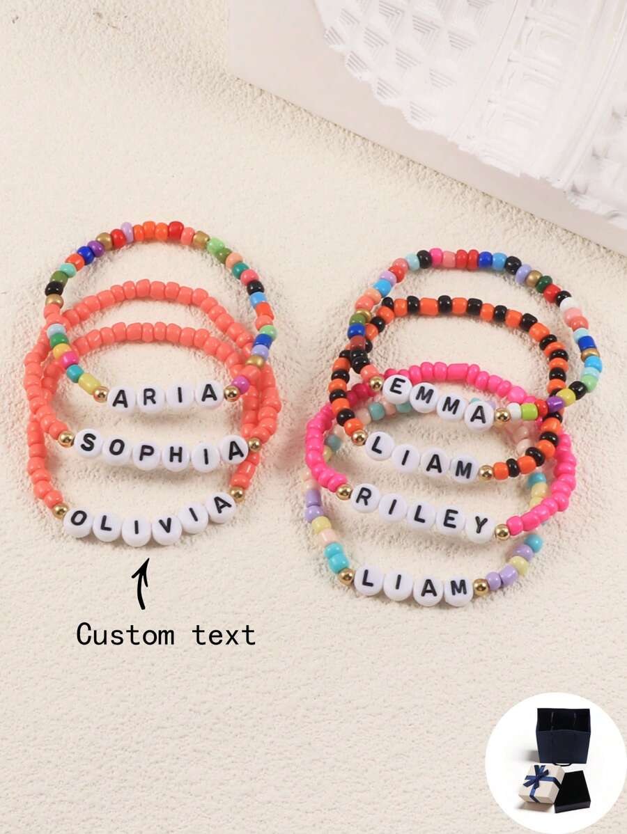Customizable Candy Color Seed Bead Bracelet, Handmade Letter Bead Customizable Name, Slogan, Location, Date, Album Name, Concert Merchandise, Suitable For Birthday, Valentine's Day, Anniversary Celebration, Gift For Dad, Mom, Girlfriend, Boyfriend, Friends