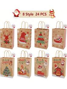 12/24 件，圣诞礼品袋，8 种款式礼品袋，小尺寸带手柄，宽松圣诞主题牛皮纸袋适合圣诞派对、学校、度假，可容纳饼干、糖果、装饰品等 - 彩色 - 查看 5
