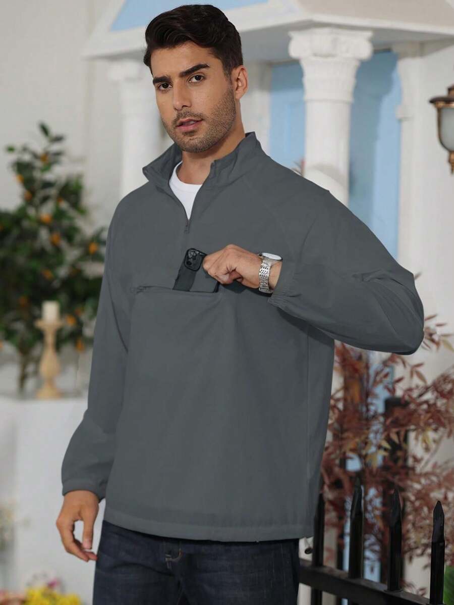 tooluck Men's Casual Quarter Zip Pullover-Athletic Windbreaker Lightweight Jackets Hiking Golf For Men Mock Neck With Pockets - 灰色 - 查看 1