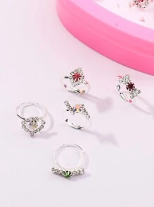 12pcs/Set Girls Rhinestone Flower, Heart, Geometric Design Rings Set