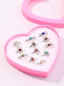 12pcs/Set Girls Rhinestone Flower, Heart, Geometric Design Rings Set