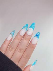 nailrosy Bộ 10 móng tay giả thủ công màu xanh hạnh nhân trắng lấp lánh lấp lánh lấp lánh trang trí bằng đá giả sang trọng phong cách Nhật Bản hiện đại thanh lịch Y2K tối giản phong cách Hàn Quốc thiết kế tươi mới móng tay giả - Màu xanh lam - Xem 5