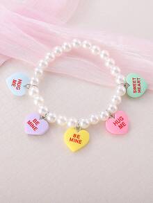 1pc Vintage Valentine's Day "Hug Me Be Mine Sweet Heart" Heart Pendant Faux Pearl Beaded Adjustable Bracelet, Women Gift, Valentine's Day Accessory - Multicolor - View 3