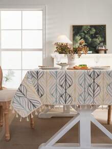 Tokoto 1pc Bohemian Style Multicolor Leaf Print Rectangular Tablecloth, Handcraft Linen Home Decor Placemats With Beige Tassel, Suitable For Festivals, Bedroom, Kitchen, Dining Room, Hotel, Outdoor, All Seasons - Multicolor - View 2