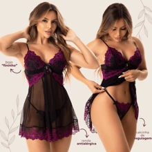 Two-Tone Nightgown With Comfort Bodice, Lace And Tulle, Adjustable Panties - màu đen - Xem 1