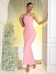 New Heavy Chain Crystal Diamond Bandage Bodycon Maxi Dress, Sexy Party Gown - Pink - View 4