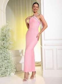 New Heavy Chain Crystal Diamond Bandage Bodycon Maxi Dress, Sexy Party Gown - Pink - View 5