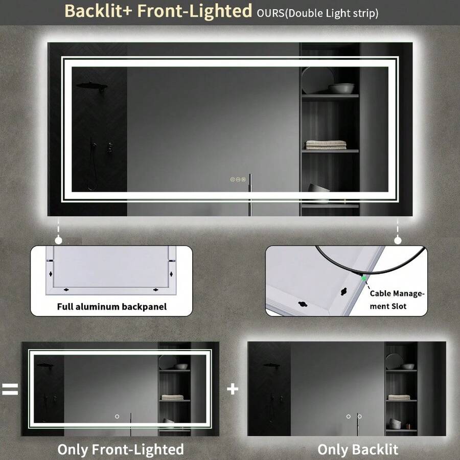 Extra Large Rectangle Bathroom Mirror LED Vanity Dimmable Backlit Anti