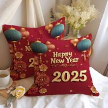 1 个 17.7*17.7 英寸 (45*45 厘米) 2025 年春节/中国新年印花枕套（单面印花），柔软桃色天鹅绒家居装饰靠垫套，适用于床、沙发、汽车，适合日常使用或奢华简约自用装饰 - 彩色 - 查看 6