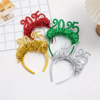 4pcs Elegant 2025 New Year Headband Set - Resin Christmas Party Hat Decor, Color Coordinated Holiday Celebration Hair Accessories
