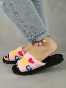 Dép đi trong nhà giữ nhiệt mùa thu/đông cho nữ, Dép đi trong nhà mềm mại, thêu họa tiết hoạt hình, ấm áp - Hồng - Xem 5