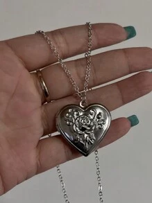 Colgante con forma de corazón romántico, abierto, de color plata, joyería futurista, marco de fotos con dije collar para mujeres y hombres, regalo para San Valentín, mamá, madre, Día de la Madre
