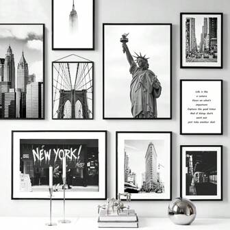 1 pieza Arte de pared Pósteres con opción de marco Impresiones en lienzo de la Estatua de la Libertad de la ciudad de Nueva York en blanco y negro Arte de pared Cuadros Decoración de sala de estar Póster de viaje vintage, Arte de pared con marco