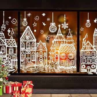 15.7 * 27.5'' Large Christmas Window Stickers 4 Sheets White House Xmas Window Clings For Glass Decoration Snowman Snowflake Double-Sided Window Decals For Christmas Holiday Party Ornament