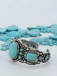FANYINAN Vintage Silver Bracelet, European And American Carved Synthetic Turquoise Bracelet, Women's Jewelry, European And American Fashionable Turquoise Bohemian Style Bracelet - Antique Silver - View 2