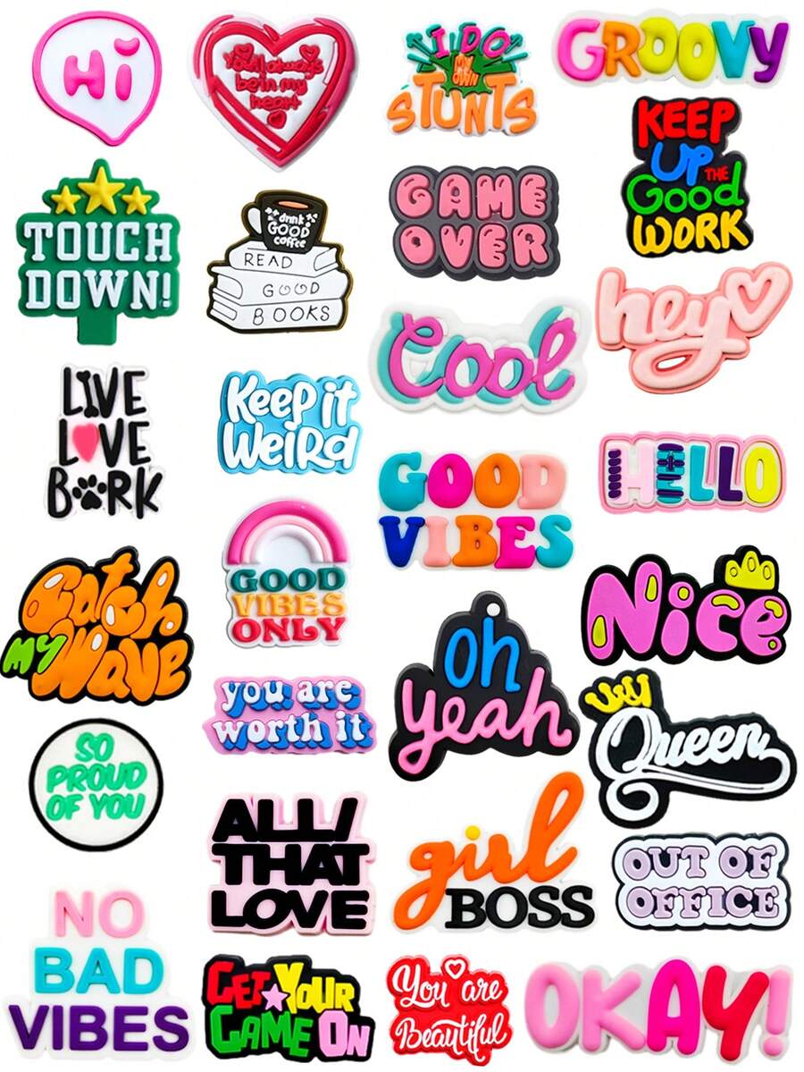 20-28 PCS Letter Phrase Series, Color Phrase, Orange Phrase, English Phrase, Pink Phrase, Game Phrase Shoe Charms For Shoe Charms Pack For Wristband Bracelets Sandals Bubble Slides PVC Shoe Charms For DIY Accessories Party Favors