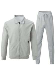 2pcs/Set Men's Fashion Waffle Zip-Up Jacket & Drawstring Waist Sports Pants Tracksuit