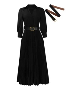 Waist Cinched Elegant Dress With Pleated Dress And Belt, Solid Color, Spring/Summer - Black - View 4