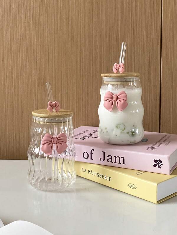 1pc Bowknot Glass Cup With Lid & Straw, Elegant Bowknot Glass Cup, Wave & Striped Glass Cup, Suitable For Home Decor, Drinking Water, Milk Cup For Breakfast, Afternoon Tea Coffee Cup, Valentine's Day Gift
