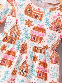 Young Girl Printed Long Sleeve Cake Skirt Dress - Multicolor - View 4