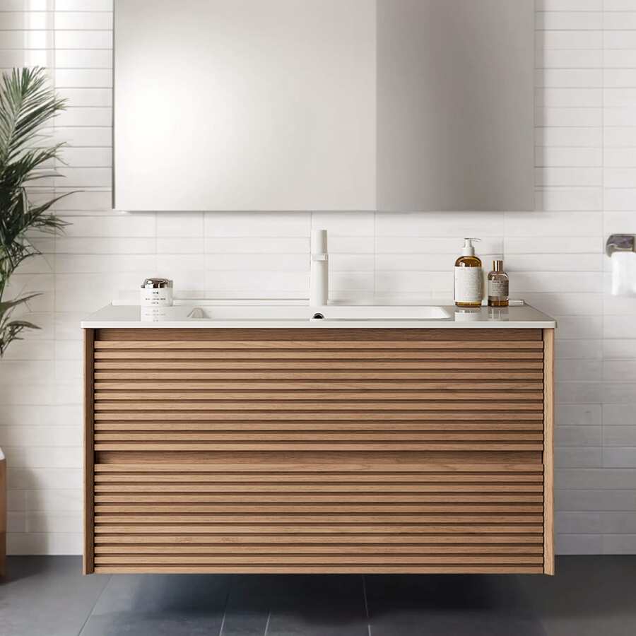 AmbroVania 36" Floating Bathroom Vanity With Sink, French Romantic Style For Bathroom Vanities With Walnut Wood Finish, Ceramic Integrated Basin And 2 Spacious Bottom Drawer - 自然木 - 查看 1