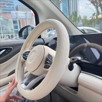 Round PU Leather Perforated Steering Wheel Cover Durable Leather Cover With Anti-Slip Lining, Fits 14.5-15in Diameter