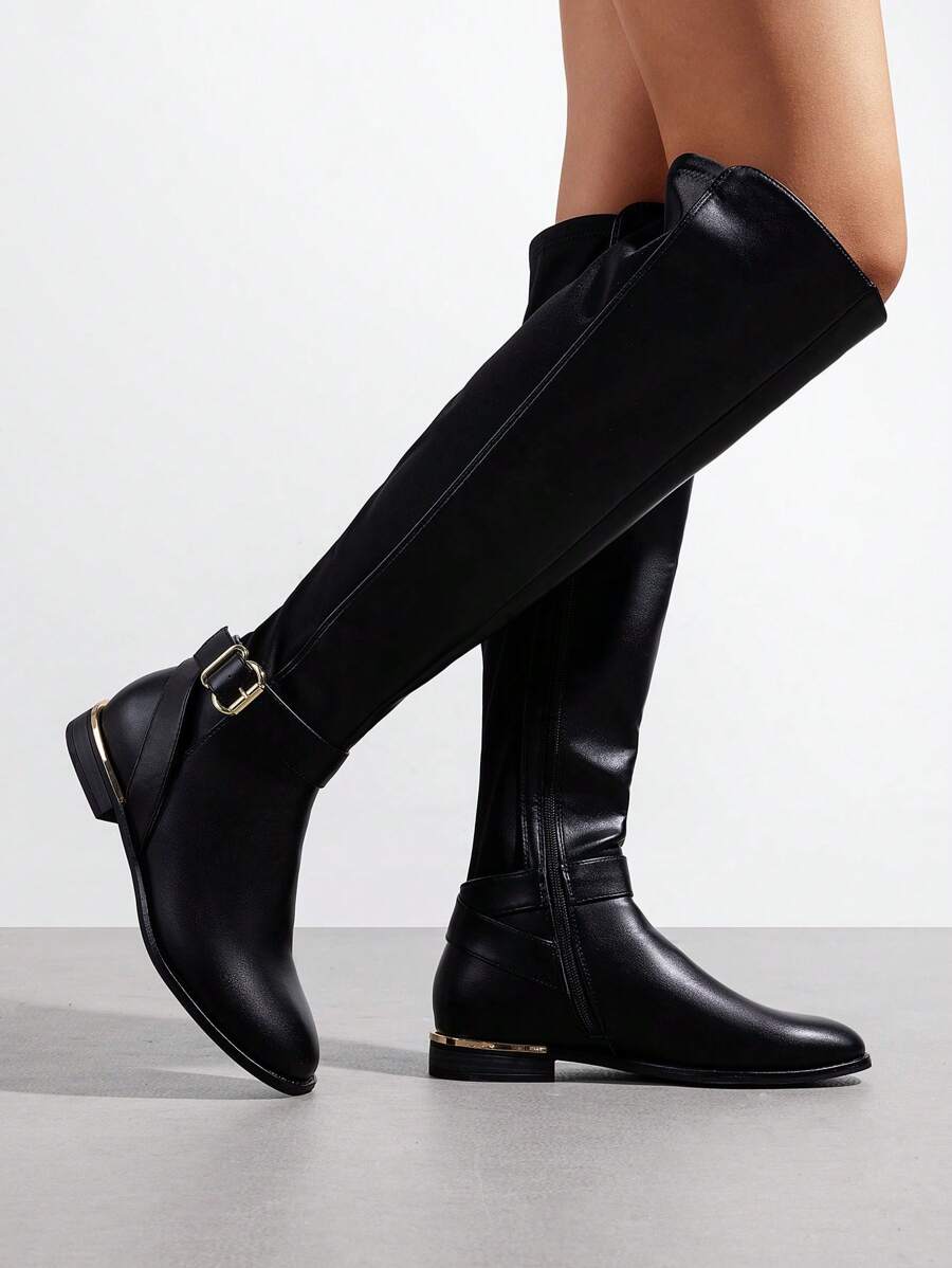 Women 2024 New Knee-High Boots With Metal Buckle Decor Side Zipper Closure, Versatile High Shaft Riding Boots With Round Toe And Chunky Heel For Autumn/Winter - màu đen - Xem 1
