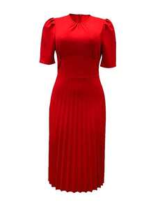 春夏新款优雅短袖红色褶皱纯色女士休闲连衣裙，复古收腰连衣裙