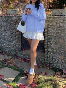 女士圆领扭花长袖针织毛衣，宽松版型，简约风格，通勤必备，天蓝色，休闲保暖，新年必备