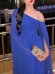 优雅水晶缀饰不对称领口正式派对礼服，高开叉及垂褶下摆，婚礼宾客礼服，晚礼服，长袍 - 寶藍色 - 查看 5