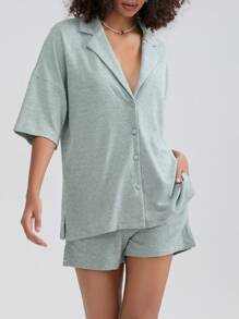 Women's Lounge Set, Striped Lapel V Neck Short Sleeve Tops Elastic Waist Shorts 2 Piece Pajama Set For Summer - Green - View 7