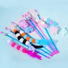 1 件弹力绳毛毛虫逗猫棒，蓝猫羽毛棒玩具，耐刮擦、耐咀嚼的猫玩具 - 彩色 - 查看 3