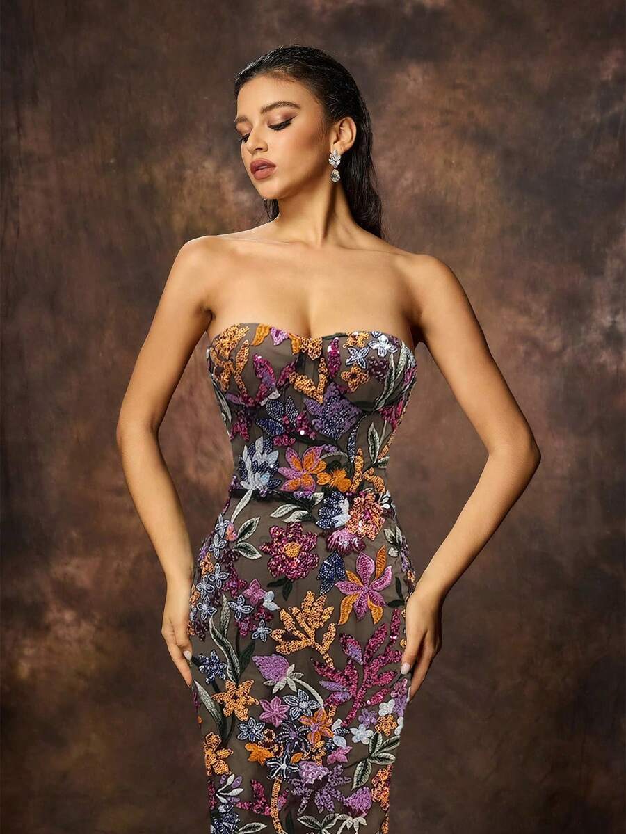 新款女士刺绣亮片拼布露肩晚礼服、鸡尾酒会半正式舞会礼服，适合生日、婚礼嘉宾、毕业典礼、晚宴、返校节 - 彩色 - 查看 1