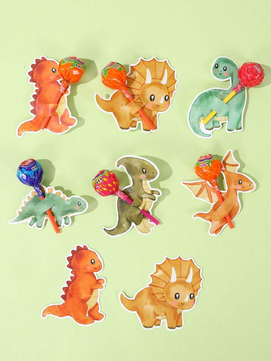 48个恐龙主题棒棒糖装饰插牌，纸质卡片，适用于生日、婴儿派对、婚礼、派对用品、节日装饰、情人节等场合。