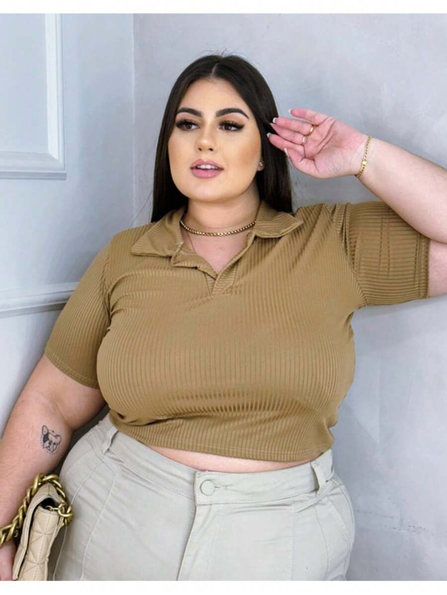 Plus Size Ribbed Polo Neck Crop Top - 米色 - 查看 1