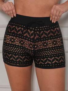 KIT 4 Swim Shorts Cover-Ups Hollow Out Waist Drawstring Beach Pointelle Shorts - 彩色 - 查看 6