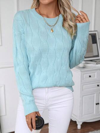 Women Cable Knit Pullover Sweater, Casual Solid Color For Autumn/Winter
