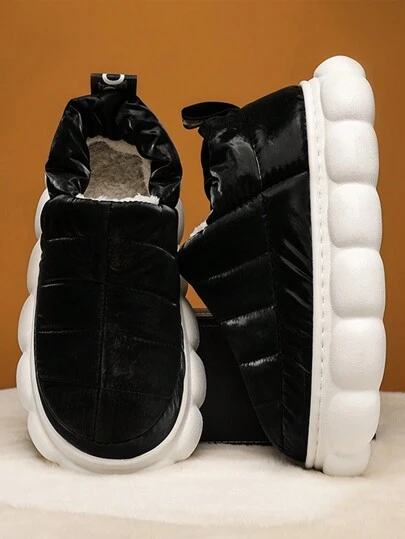 Women's Fluffy Slippers, Waterproof, Thick Sole Indoor Outdoor House Slippers, Warm Knitted Fabric, Anti-Cold