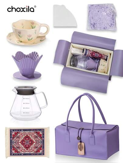 choxila 8pcs V01 Manual Coffee Maker Set, Includes 400ml Glass Carafe, Purple Ceramic Filter Cup, Coffee Cups & Saucers, 100pcs V01 Filter Papers, Coffee Mat, 50g Filler Paper, Purple Storage Bag, Holiday Gift For Family And Friends