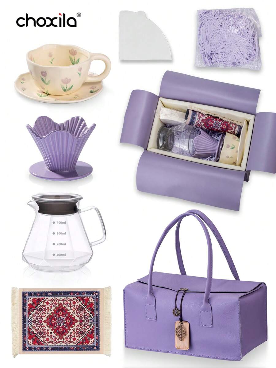 choxila 8pcs V01 Manual Coffee Maker Set, Includes 400ml Glass Carafe, Purple Ceramic Filter Cup, Coffee Cups & Saucers, 100pcs V01 Filter Papers, Coffee Mat, 50g Filler Paper, Purple Storage Bag, Holiday Gift For Family And Friends - Purple - View 1