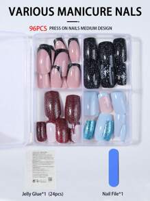 96 件（4 件混合）中号方形雪花，圣诞帽设计，带花朵设计法式尖头按压指甲，完美贴合丙烯酸假指甲套装，包括：1 件果冻胶和 1 件指甲锉，圣诞指甲适合女士和女孩日常佩戴狂欢派对使用 - 彩色 - 查看 3