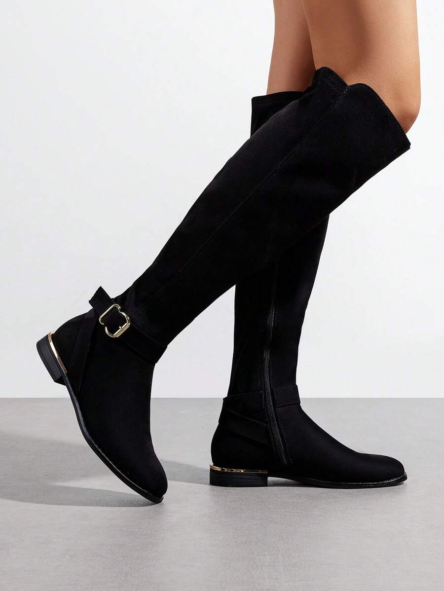 Women 2024 New Knee-High Boots With Metal Buckle Decor Side Zipper Closure, Versatile High Shaft Riding Boots With Round Toe And Chunky Heel For Autumn/Winter - 黑色絨面革 - 查看 1