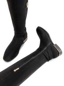 Women 2024 New Knee-High Boots With Metal Buckle Decor Side Zipper Closure, Versatile High Shaft Riding Boots With Round Toe And Chunky Heel For Autumn/Winter - 黑色絨面革 - 查看 6