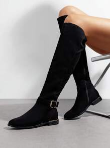 Women 2024 New Knee-High Boots With Metal Buckle Decor Side Zipper Closure, Versatile High Shaft Riding Boots With Round Toe And Chunky Heel For Autumn/Winter - 黑色絨面革 - 查看 3
