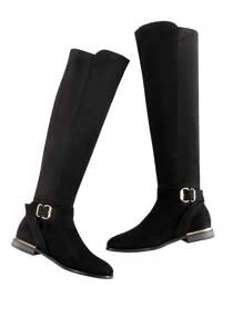 Women 2024 New Knee-High Boots With Metal Buckle Decor Side Zipper Closure, Versatile High Shaft Riding Boots With Round Toe And Chunky Heel For Autumn/Winter - 黑色絨面革 - 查看 7