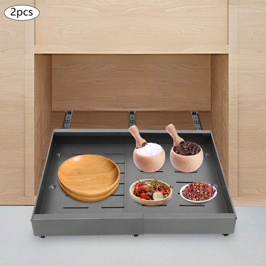 Miumaeov 2 Pcs Retractable Cabinet Pull-Out Shelves Pull-Out Shelves Under Sink Drawer Dish Basket Kitchen Storage Racks - Grey - View 1