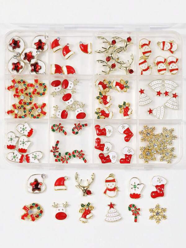 1 Scatola 60 pezzi Decorazioni per unghie natalizie, Charm in lega dorata 3D per unghie, Strass per unghie, Renne, Cappello di Babbo Natale, Campanella, Albero di Natale, Fiocco di neve, Corona, Stampelle, Guanti, Stivali da neve, Gemme metalliche per decorazione unghie natalizie