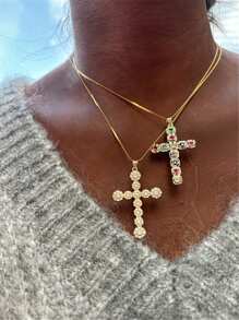 Hiphop bunter Strass Kreuz glänzender großer Anhänger Edelstahl Halskette Charm funkelnde elegante dünne Ketten Halsketten als Modeschmuck Geschenke für Frauen