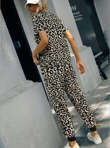 Leopard Print Contrast Color Round Neck Casual Elegant Soft Comfy Loungewear/Sportswear Set With Elastic Waist Short Sleeve Top And Pants, Spring/Summer - Multicolor - View 2