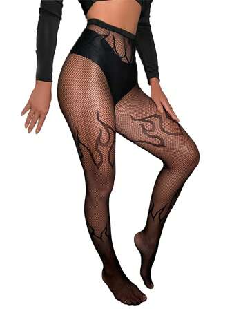 1 Pair Plus Size Women's Halloween Essential Flame Spider Web Pattern Pantyhose, Making Festival Party Subculture Fashion Look